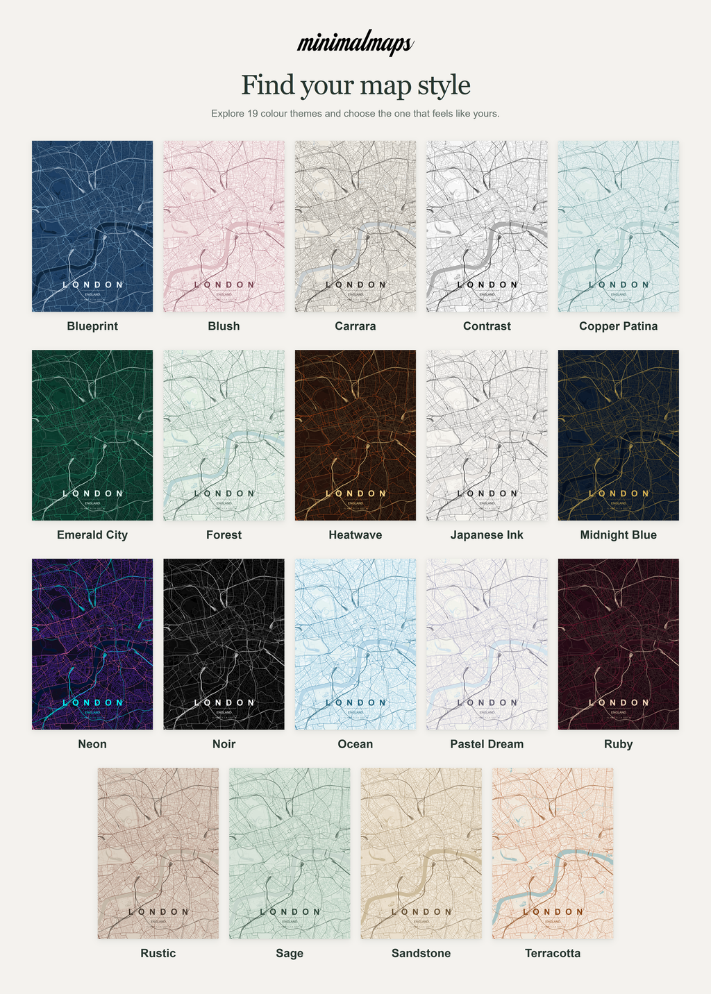 MinimalMaps theme guide showing the 19 available map colour themes