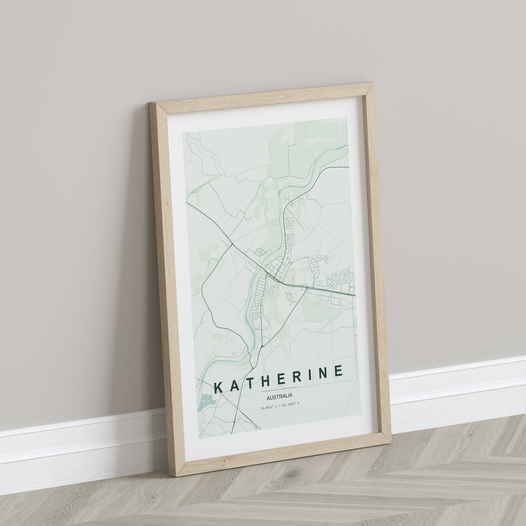 Katherine, Northern Territory, Australia map print in the Forest theme in a light wooden frame leaning against a pale wall
