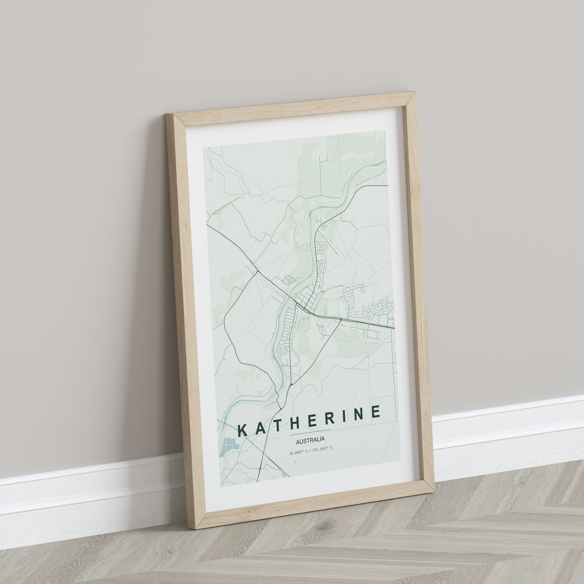 Katherine, Northern Territory, Australia map print in the Forest theme in a light wooden frame leaning against a pale wall