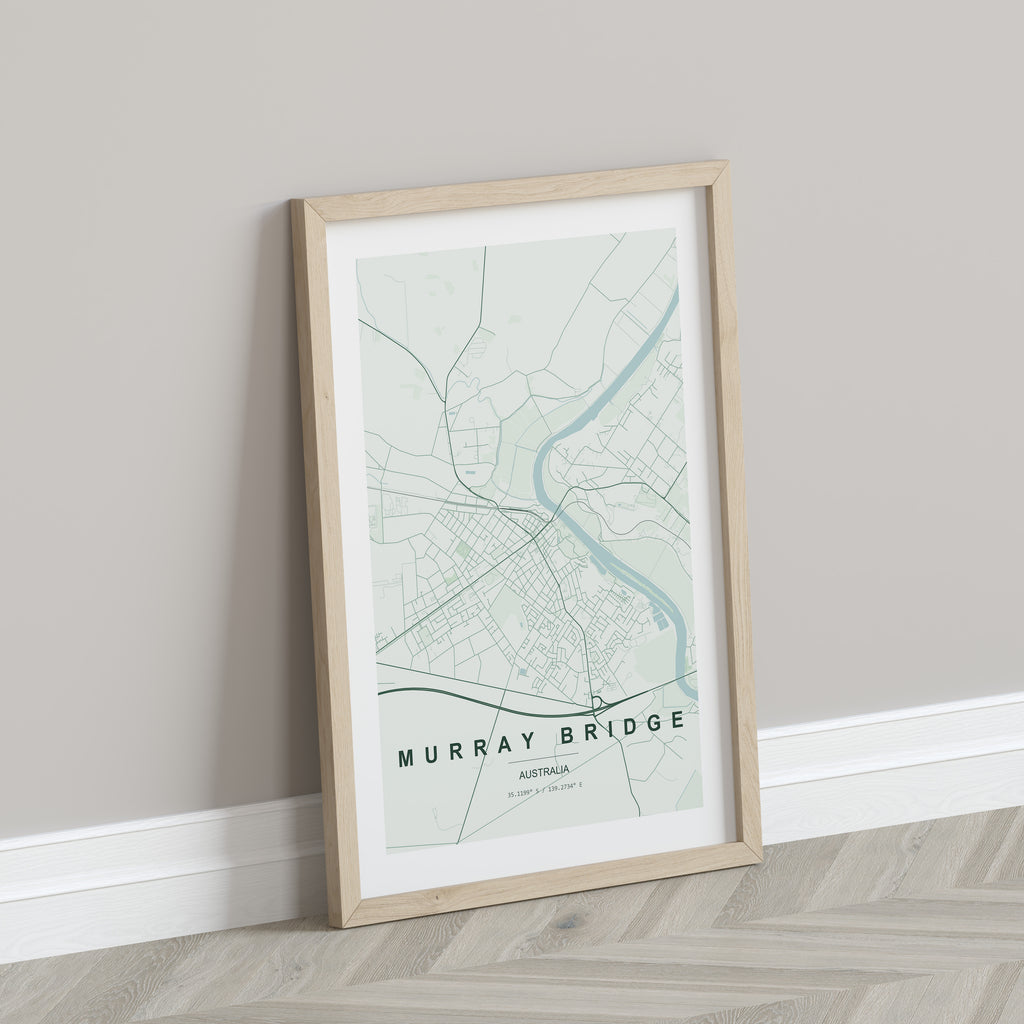 Murray Bridge, South Australia, Australia map print in the Forest theme in a light wooden frame leaning against a pale wall
