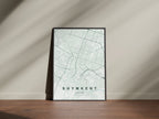Shymkent, Kazakhstan map print in the Forest theme in a black frame on a wooden surface against a pale wall