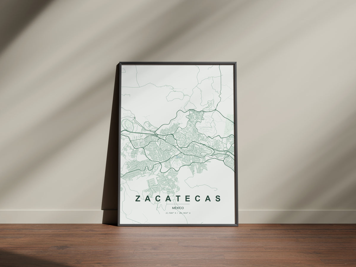 Zacatecas, Mexico map print in the Forest theme in a black frame on a wooden surface against a pale wall