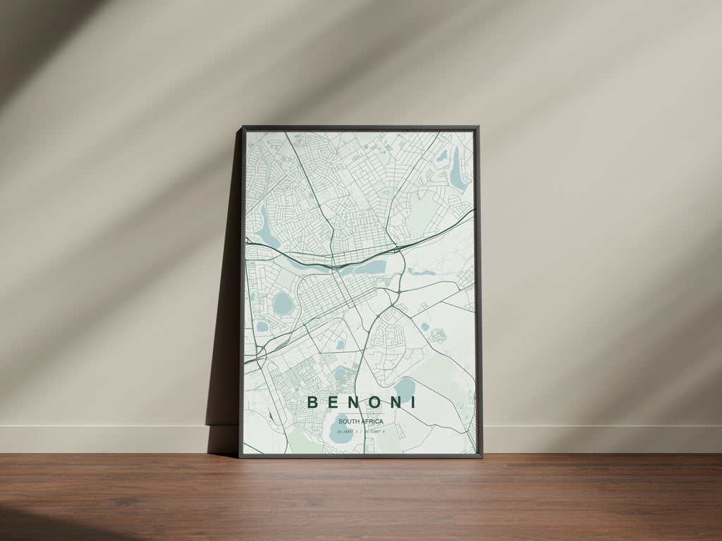 Benoni, Gauteng, South Africa map print in the Forest theme in a black frame on a wooden surface against a pale wall