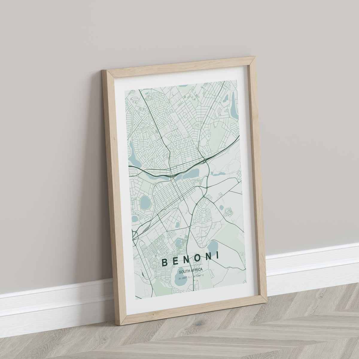 Benoni, Gauteng, South Africa map print in the Forest theme in a light wooden frame leaning against a pale wall