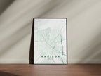Kariega, Eastern Cape, South Africa map print in the Forest theme in a black frame on a wooden surface against a pale wall