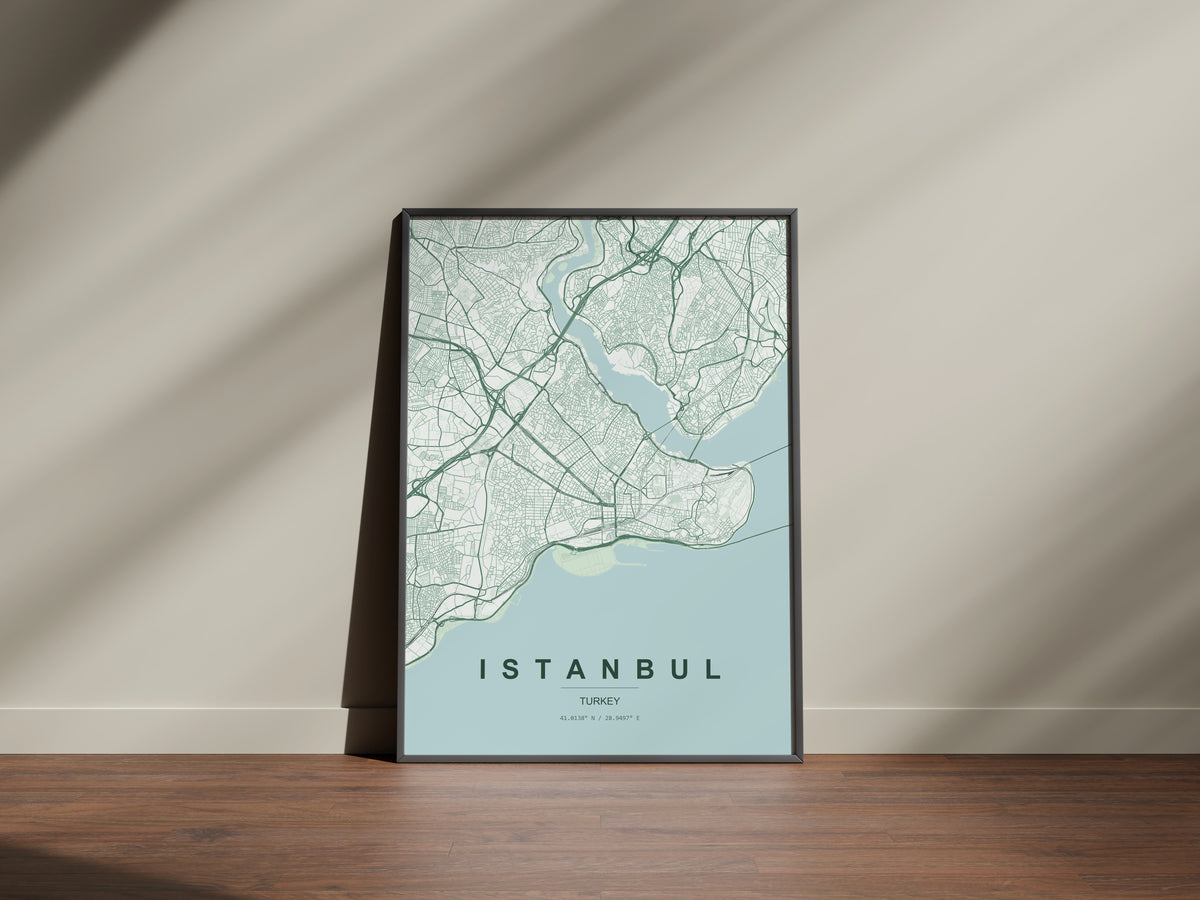 Istanbul, Turkey map print in the Forest theme in a black frame on a wooden surface against a pale wall