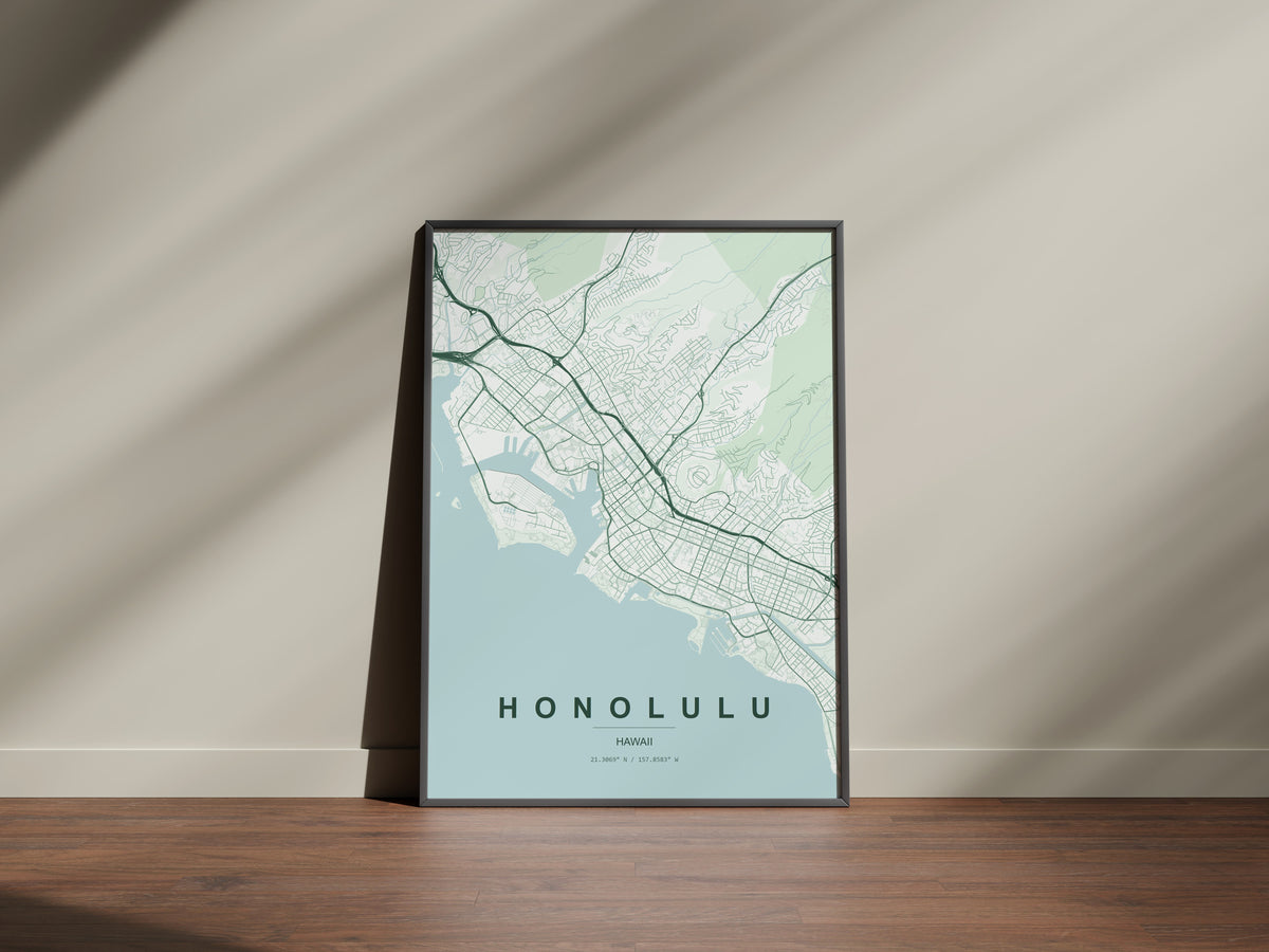 Honolulu, Hawaii, United States map print in the Forest theme in a black frame on a wooden surface against a pale wall