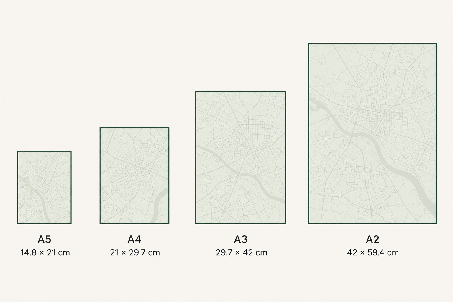 Visual comparison of A5, A4, A3 and A2 map prints, arranged from smallest to largest.